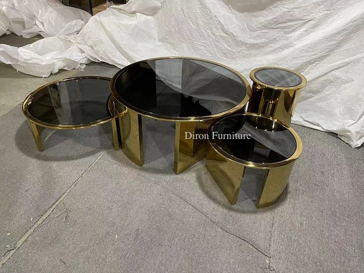 contemporary gold metal and glass coffee table set